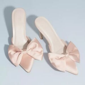 NIB davids bridal edwina blush big bow satin mules heels bridesmaid shoes 10